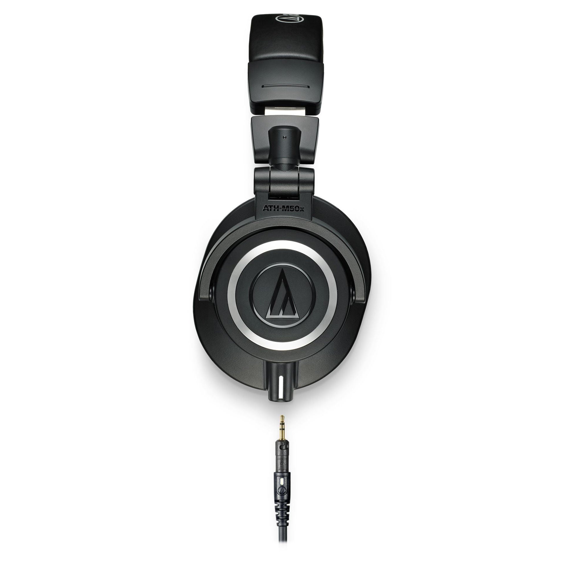 Audio Technica M50X black studio monitoring headphones with closed-back design and over-ear cushions.
