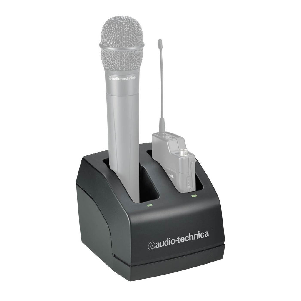 Audio-Technica ATWCHG2 two-bay recharging station for wireless microphones, designed for the 2000 Series.