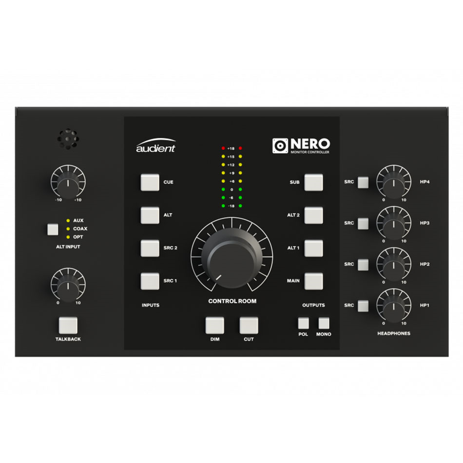 Audient Nero Desktop Monitor Controller with sleek design and intuitive controls for studio monitor management.