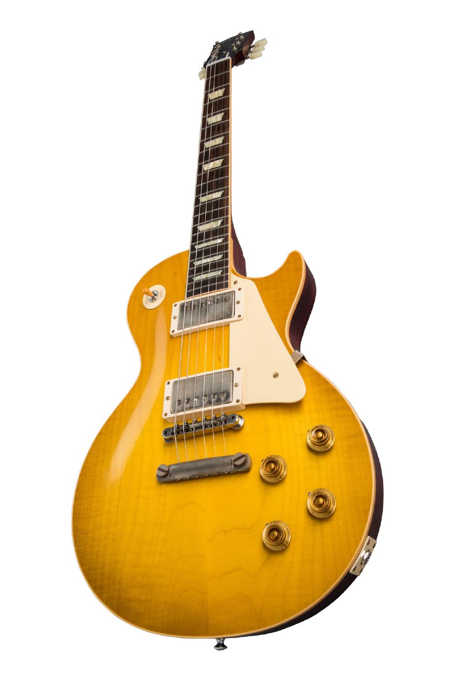 Gibson 1958 Les Paul Standard Reissue electric guitar in VOS Lemon Burst finish, showing the body, pickups, and maple neck.