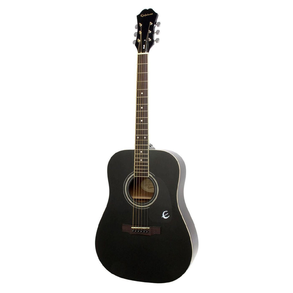 Epiphone DR100 ebony acoustic guitar with a natural wood finish, steel strings, and classic dreadnought body shape.