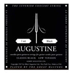 Augustine Black classical guitar strings in low tension, showcasing the packaging and string details.