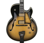 Ibanez LGB300 George Benson signature electric guitar with vintage yellow sunburst finish, maple neck, and sleek body design.