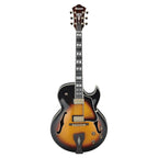Ibanez LGB30 VYS George Benson signature electric guitar in vintage yellow sunburst with a hollow body and classic design.