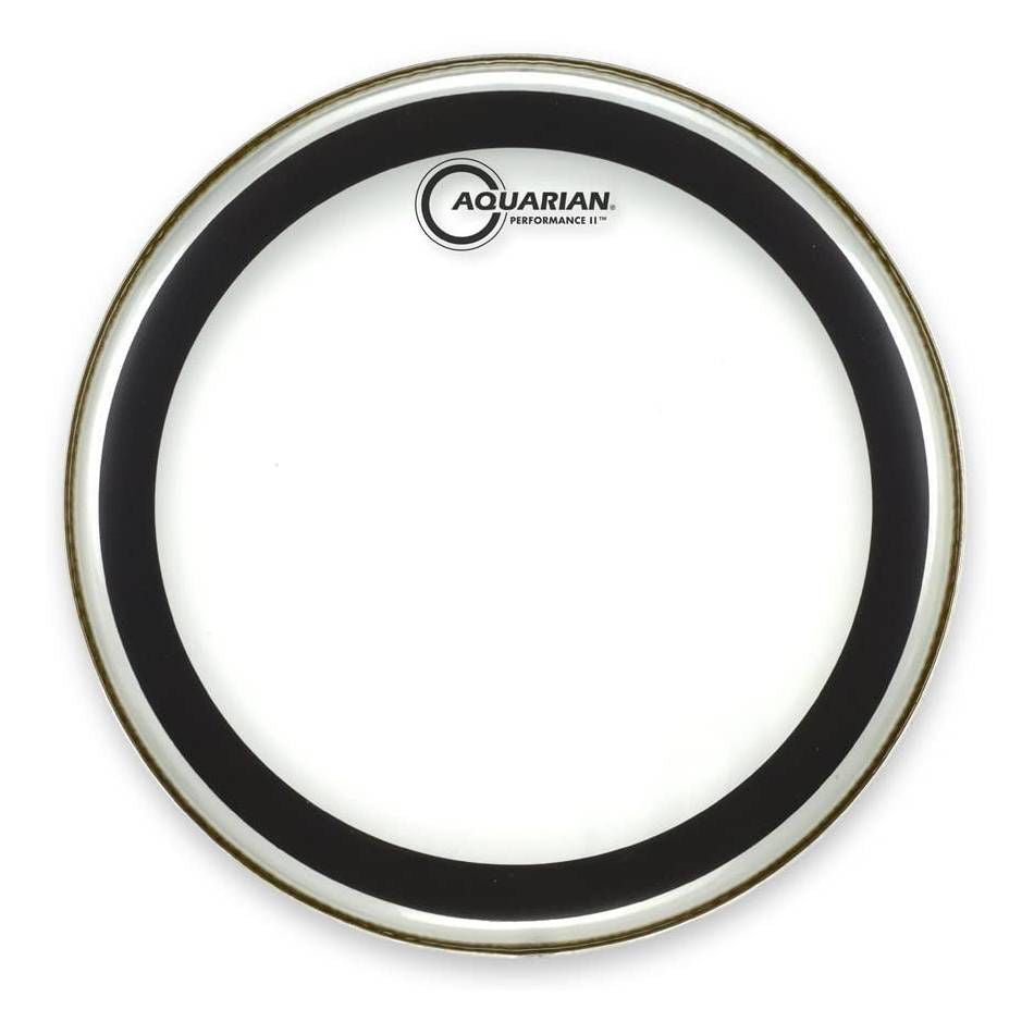 Aquaian PF10 Performance II 2-Ply Clear Drumhead displayed on a drum, showcasing its transparent, durable design for drum kit use.