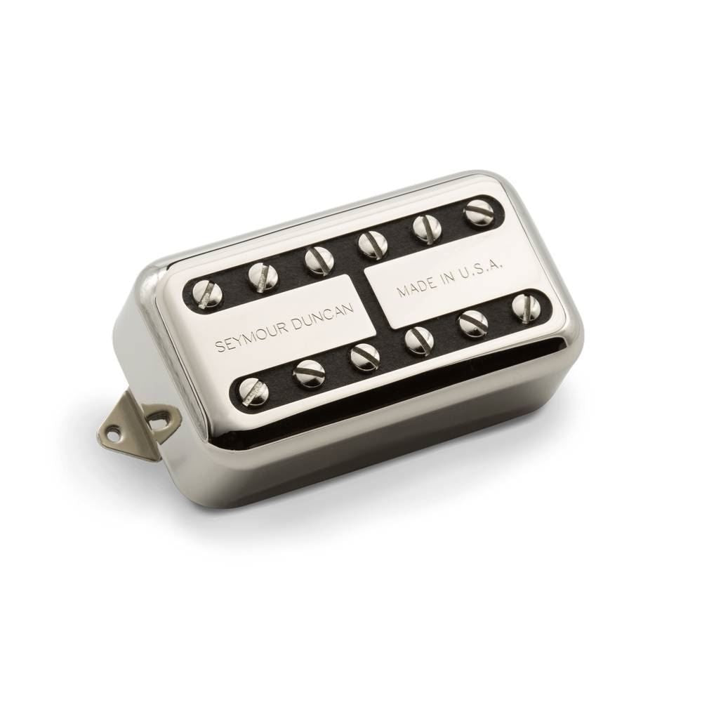 Seymour Duncan Psyclone Humbucker Bridge pickup in nickel finish, shown with mounting hardware and wiring for electric guitar.