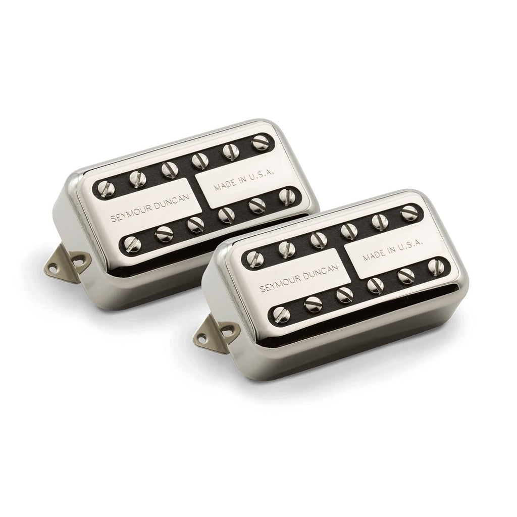 Seymour Duncan Psyclone Humbucker pickups in Nickel finish, showing the pickups with mounting hardware and detailed branding.