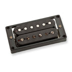 Seymour Duncan Antiquity JB pickups in black, shown mounted on a guitar, showcasing vintage-style humbucker design and finish.
