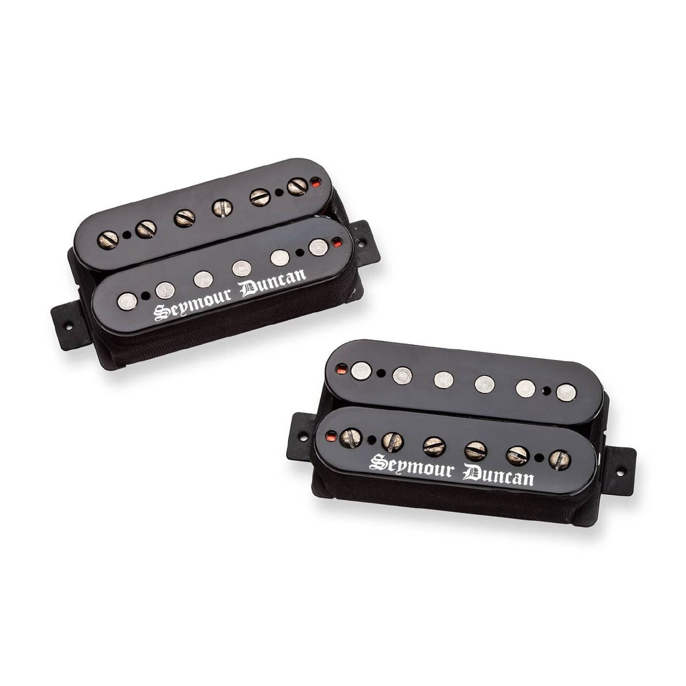 Seymour Duncan Black Winter humbucker pickups in black with metal covers for electric guitars, shown mounted on a guitar body.