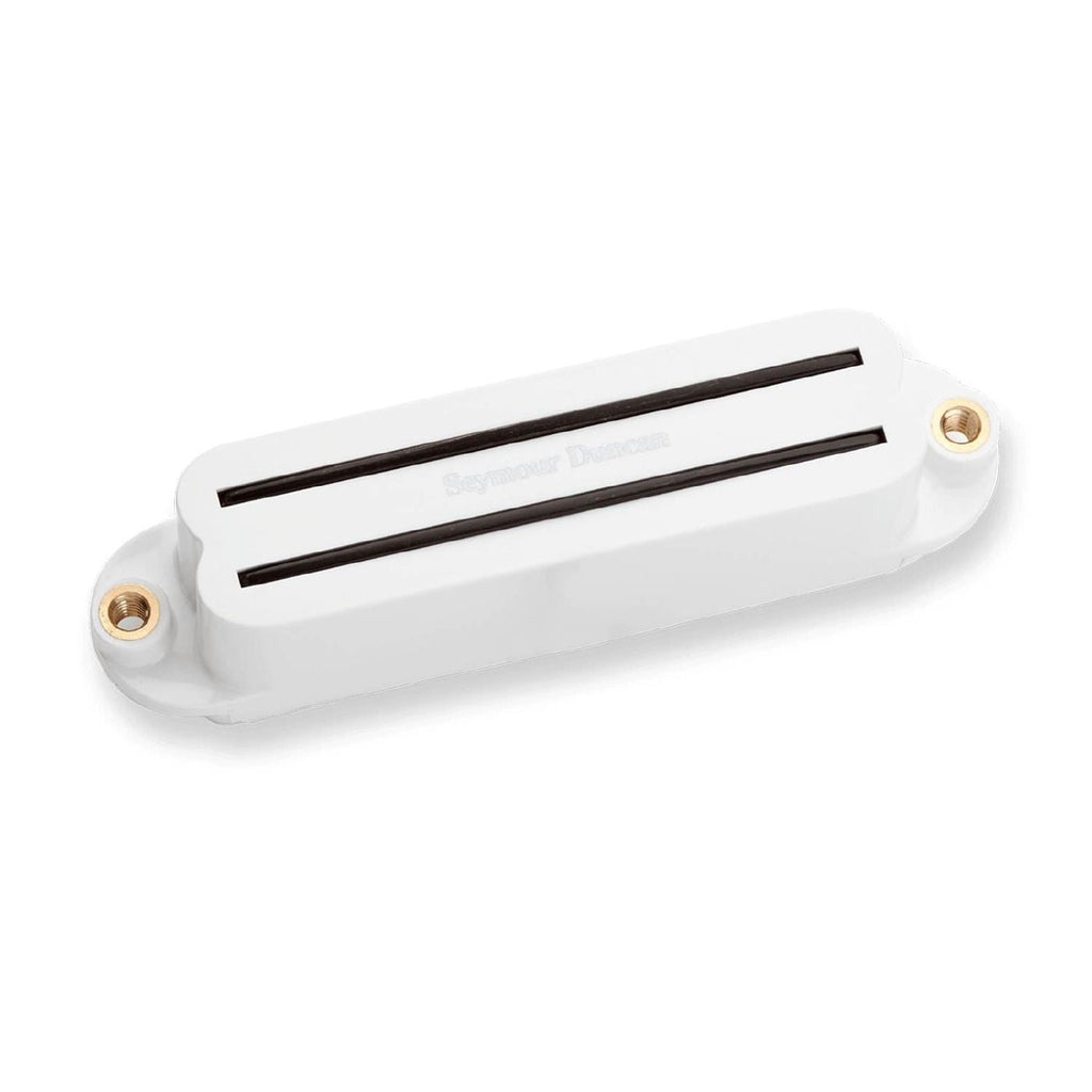 White Seymour Duncan SHR-1B Hot Rails Strat electric guitar pickup with mounting hardware and wiring visible.