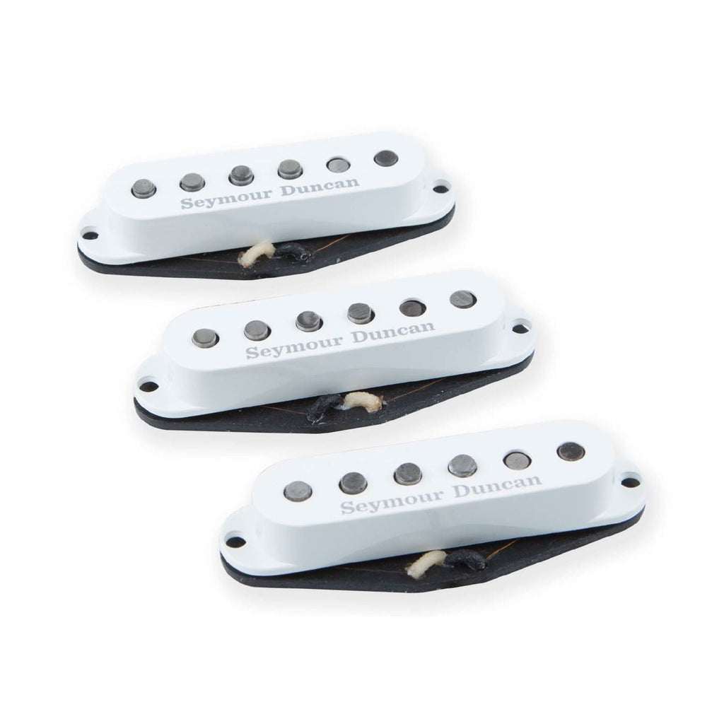 Seymour Duncan SSL-1 single-coil Stratocaster guitar pickups set in white, showing the pickup covers and wiring clips.