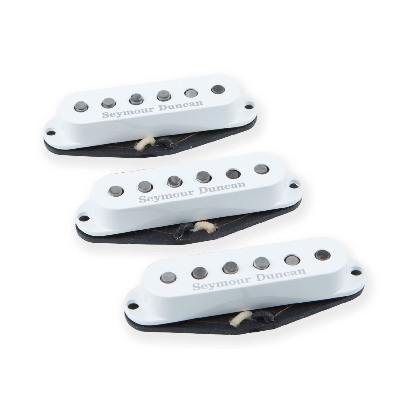 Seymour Duncan SSL-1 single-coil Stratocaster guitar pickups set in white, showing the pickup covers and wiring clips.