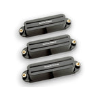 Black Seymour Duncan Hot Rails Strat pickups set, shown in a close-up image highlighting their sleek design and mounting details.