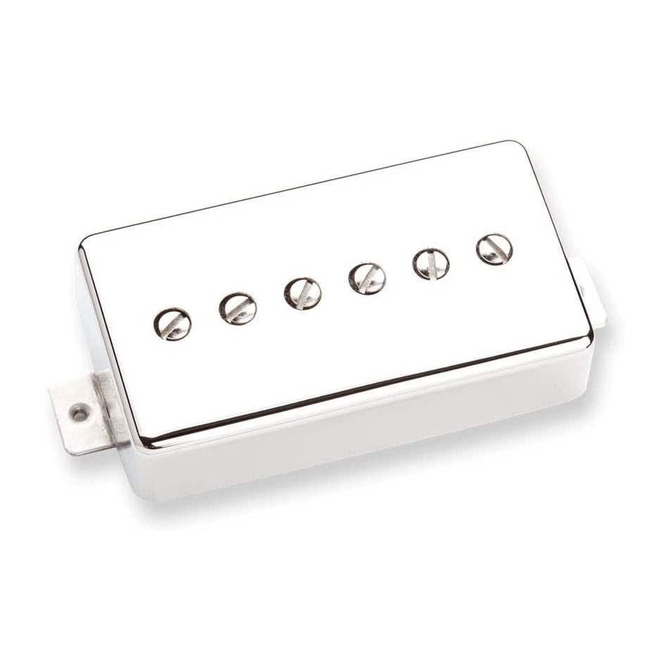 Seymour Duncan Phat Cat SPH90-1N single-coil pickup with nickel cover, shown on a guitar bridge with mounting hardware.