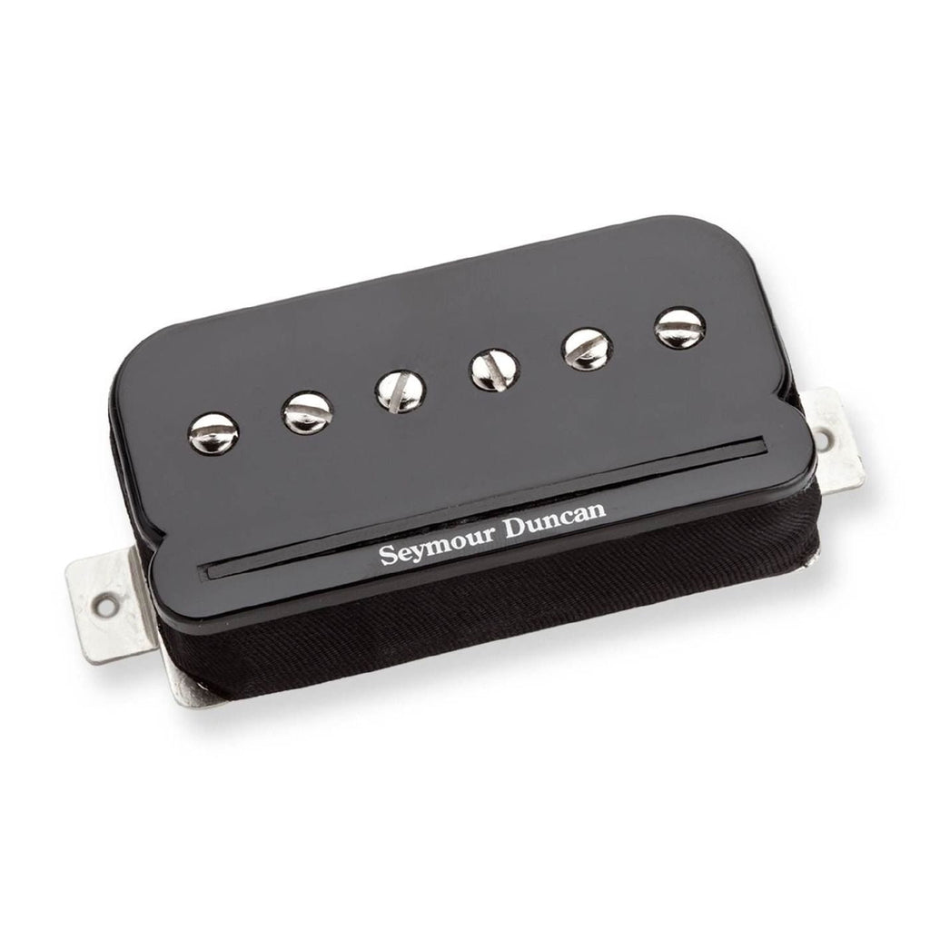 Black Seymour Duncan SHPR-1N P-Rails Neck pickup for electric guitars, showing the pickup with mounting hardware and wiring.