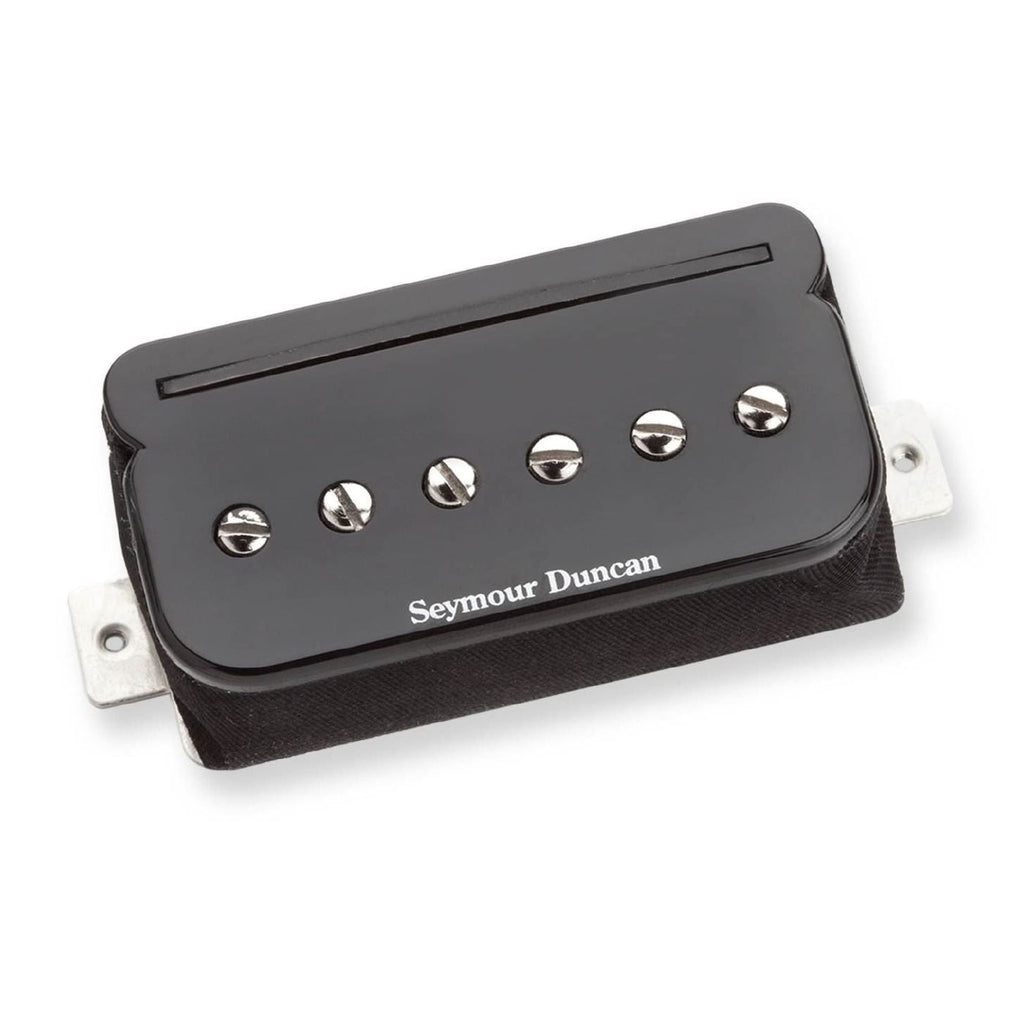 Black Seymour Duncan SHPR-1B P Rails bridge pickups mounted on a guitar, showcasing the pickup design and black finish.