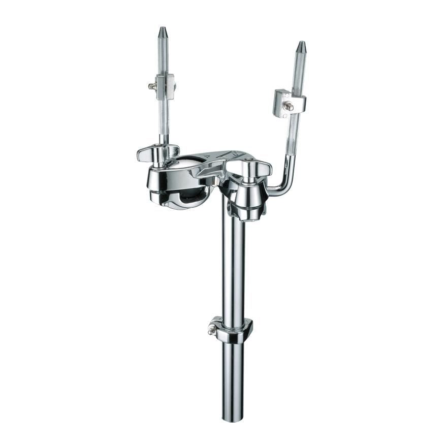 Tama MTH600 double tom holder for drum hardware, showing adjustable metal bracket with mounting arms and mounting screws.
