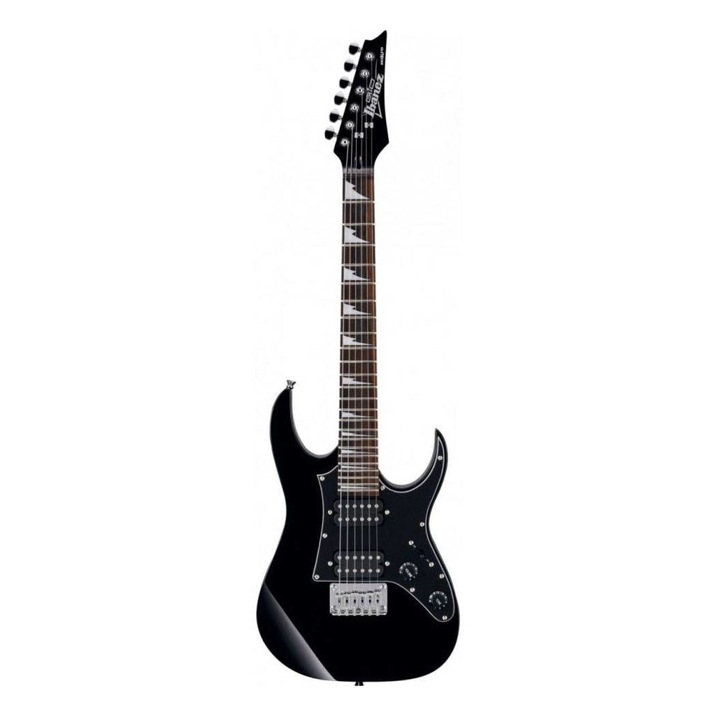 Ibanez RGM21-BKN electric guitar in black night finish, showcasing its sleek body, fretboard, and hardware details.
