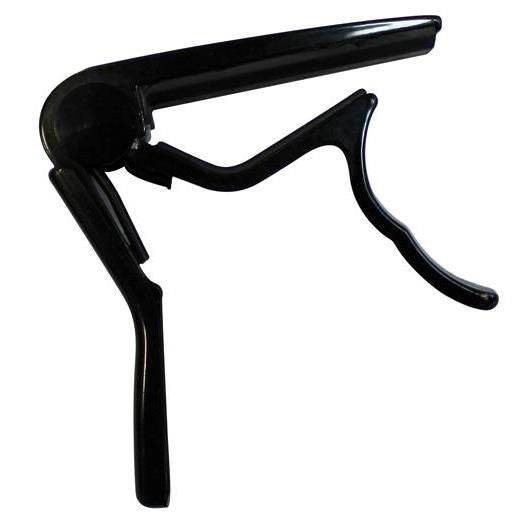 ASHTON Ashton CP3 classical guitar capo clipped on the neck of a guitar, showing its black plastic and metal construction.