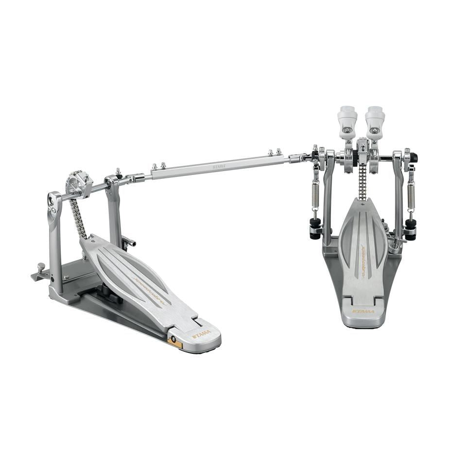 Tama Speed Cobra double kick drum pedal for bass drums, featuring black and silver finish with footplate and tension adjustment.