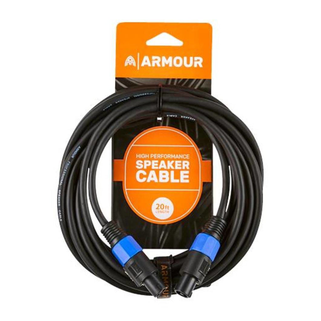 Armour SSP20 Speakon speaker cable 20 feet for PA systems, showing black cable with Speakon connectors on both ends.