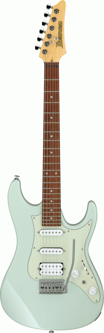 Ibanez AZES40 MGR electric guitar in mint green, showcasing a sleek body, modern design, and six-string setup.