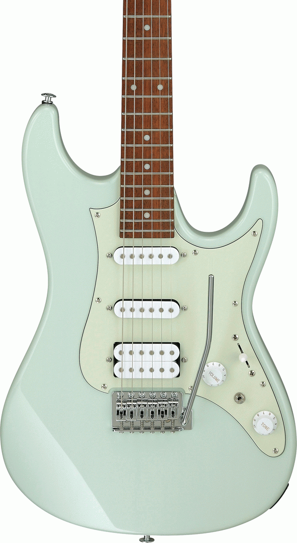 Ibanez AZES40 MGR electric guitar in mint green with a sleek body and six strings, showcasing the modern design and hardware details.