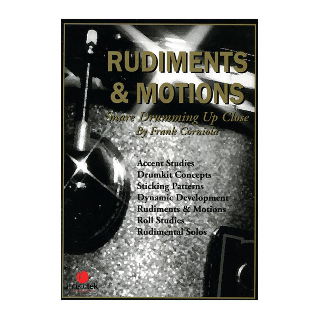 Cover image of "Rudiments & Motions" drum book by Frank Corniola, featuring drum notation and instructional content.
