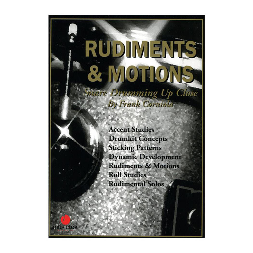 Cover image of "Rudiments & Motions" drum book by Frank Corniola, featuring drum notation and instructional content.