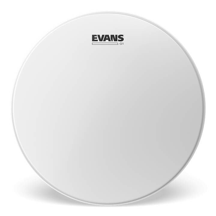Evans G1 coated 6-inch drum head, a close-up of the textured drum surface showing the brand logo and coating detail.