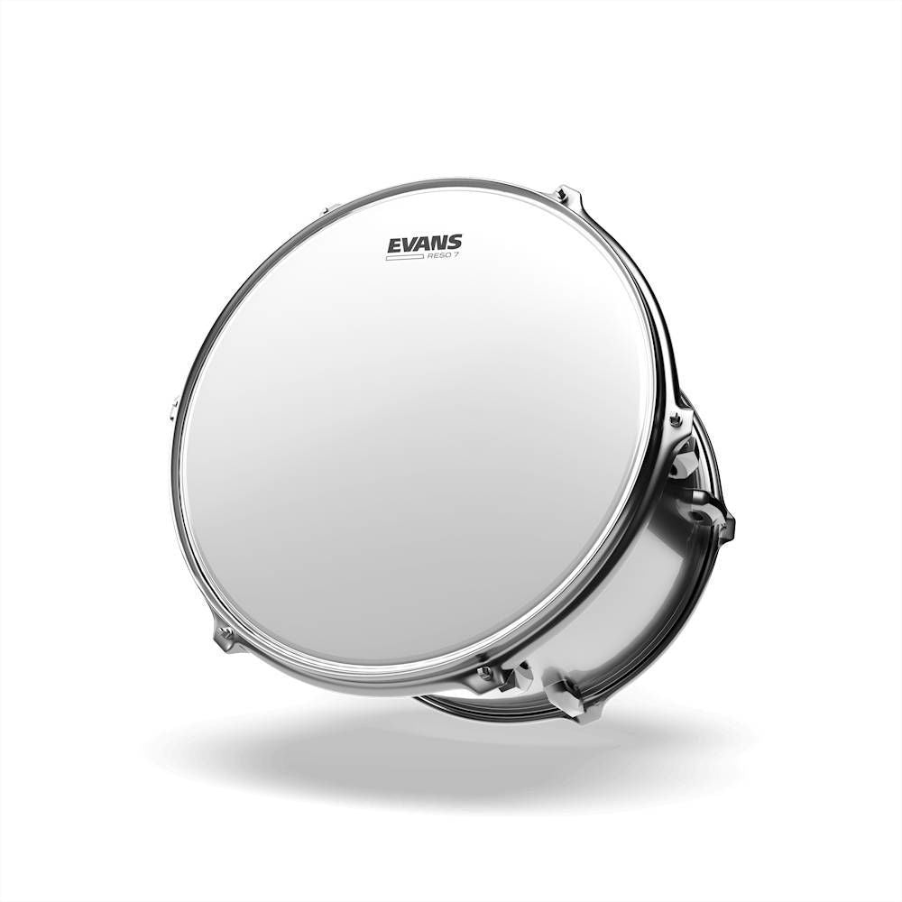 Evans 8-inch Reso 7 Coated Resonant Drum Head for resonant sound on drums, featuring durable coating and clear branding.