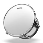 Evans 10-inch Reso 7 coated resonant drum head showing its textured surface and branding on the drum head.