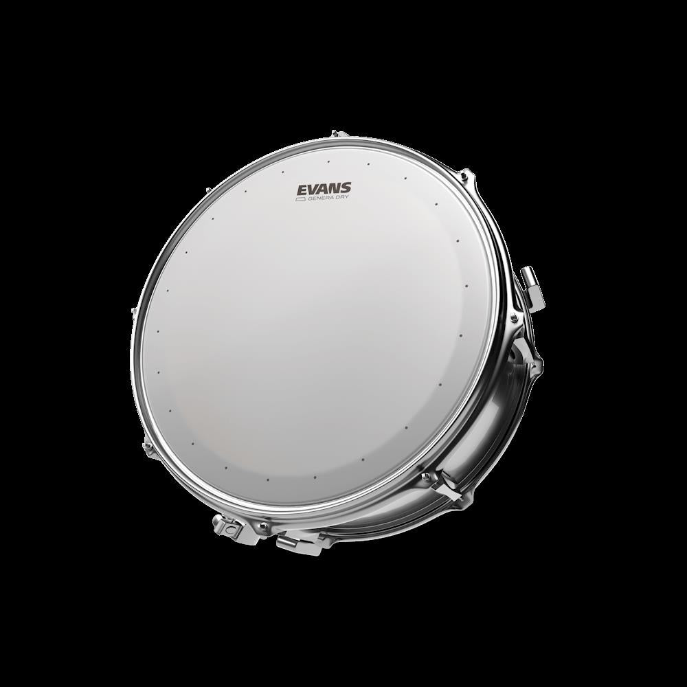 Evans Genera Dry 12-inch drum head with a matte finish, designed for controlled sound and durability in drum kits.