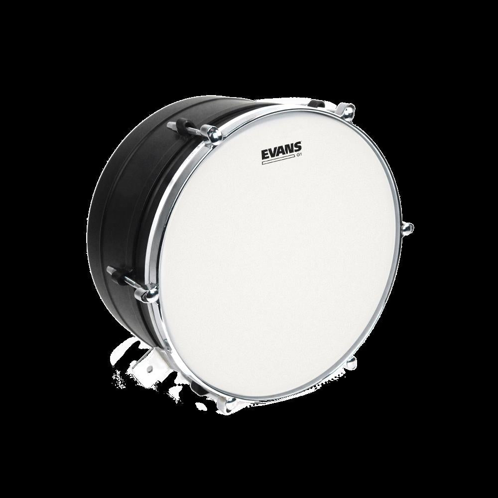 Evans 12-inch Genera G1 coated drum head showing a close-up of the textured surface and branding on the drum head.