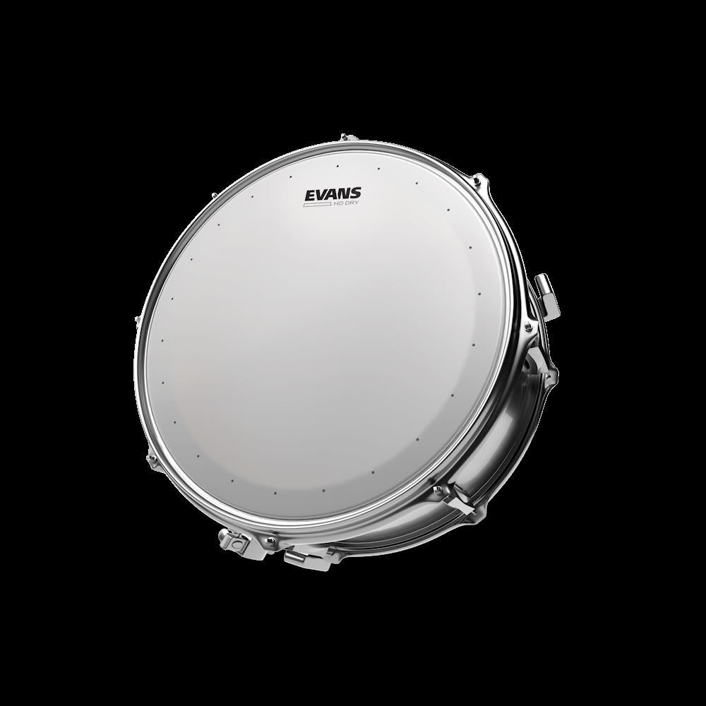 Evans Genera HD dry 12-inch drum head for drums, showing textured surface and branding.