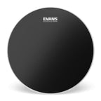Evans 12-inch Onyx 2-ply coated drum head, showing a close-up of the black drum surface with Evans branding.