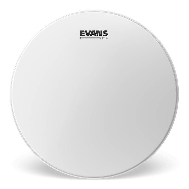 Evans 13-inch Genera G14 coated drum head, showing its textured surface and logo for drums and percussion instruments.