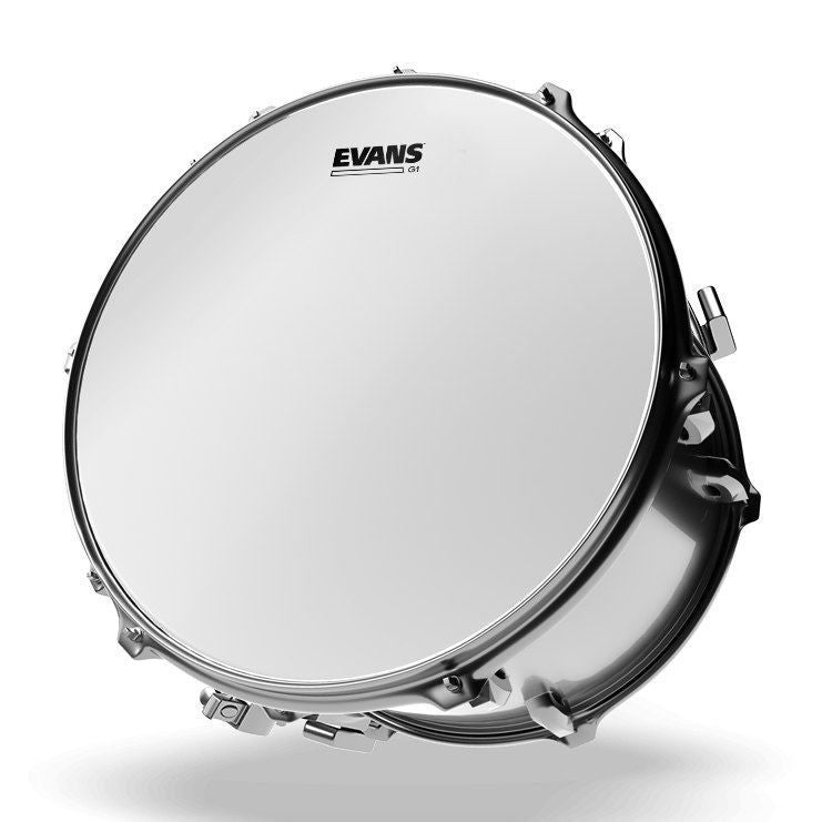 Evans 13-inch Genera G1 coated drum head showing a black drum head with Evans branding on a drum kit.