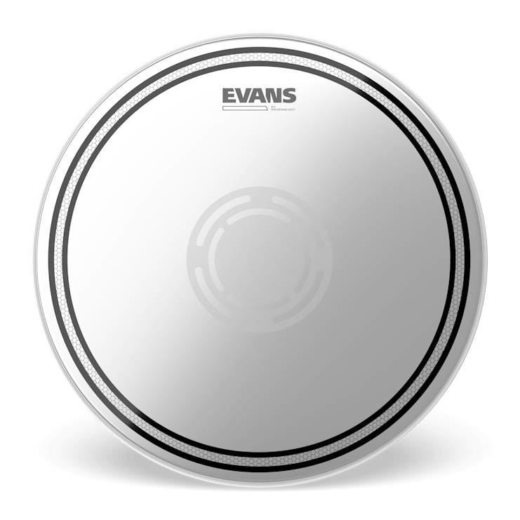 Evans 14-inch EC2 Reverse Dot snare drum batter head with black dot for enhanced attack and durability, mounted on drum.