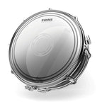 Evans 14-inch EC2 Reverse Dot snare drum head with black batter surface and clear reverse dot, designed for drum kits.