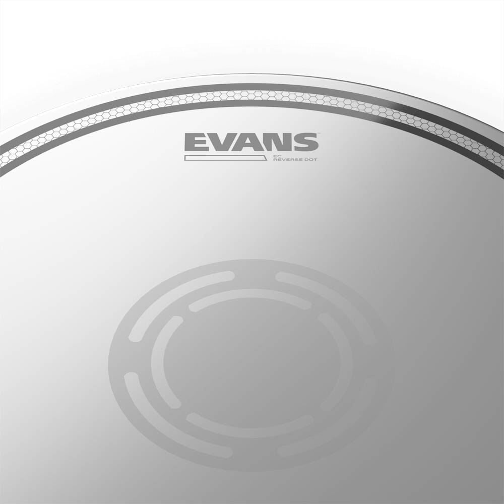 Evans 14-inch EC2 Reverse Dot snare drum head with clear batter surface and black dot for enhanced sound and durability.