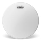 Evans G12 14-inch coated drum head mounted on a drum for a close-up view of the drum head's surface and branding.