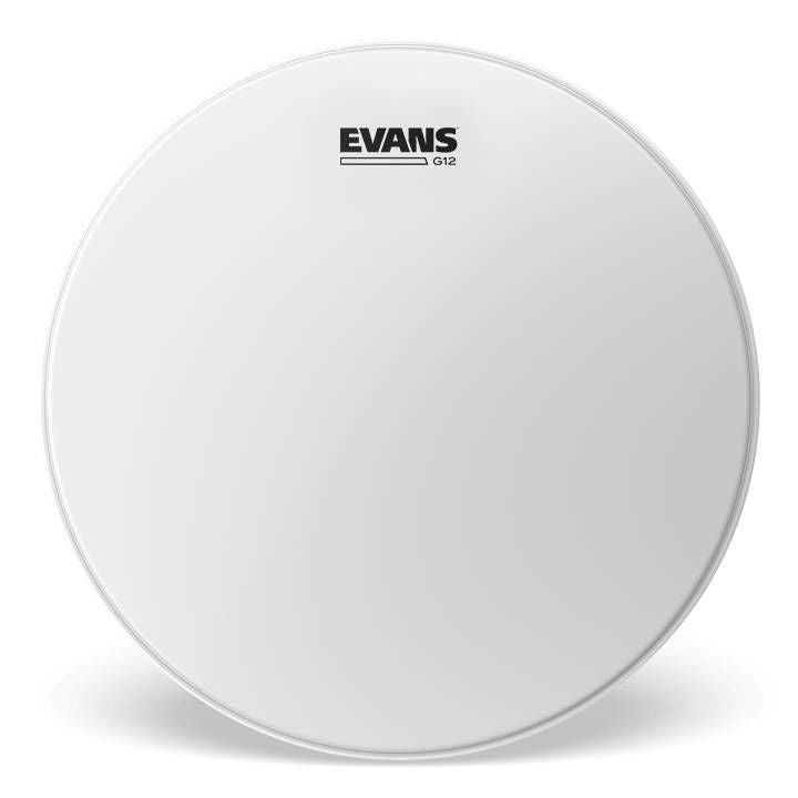 Evans G12 14-inch coated drum head mounted on a drum for a close-up view of the drum head's surface and branding.
