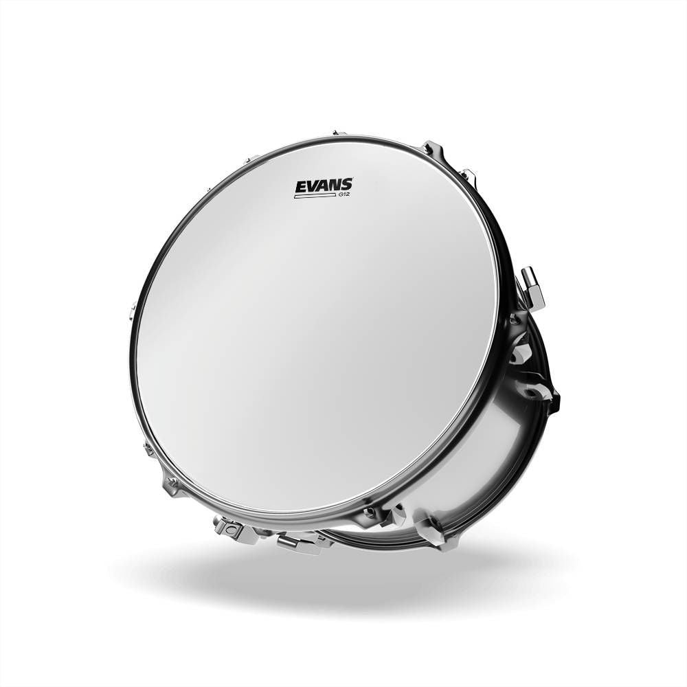 Evans G12 14-inch coated drum head displayed on drum kit, showcasing durable, textured surface for superior sound quality.