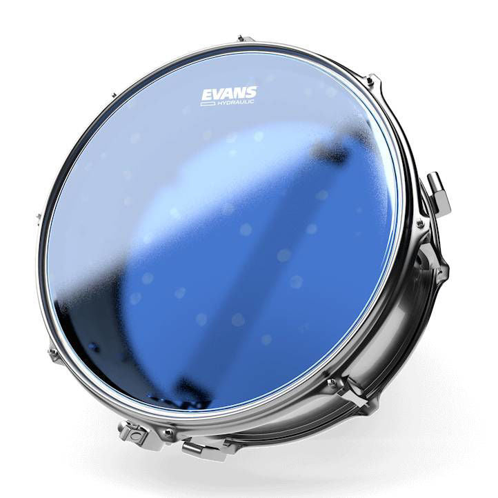 Blue coated Evans 14-inch hydraulic drum head mounted on a drum, showcasing the drum head's textured surface and branding.