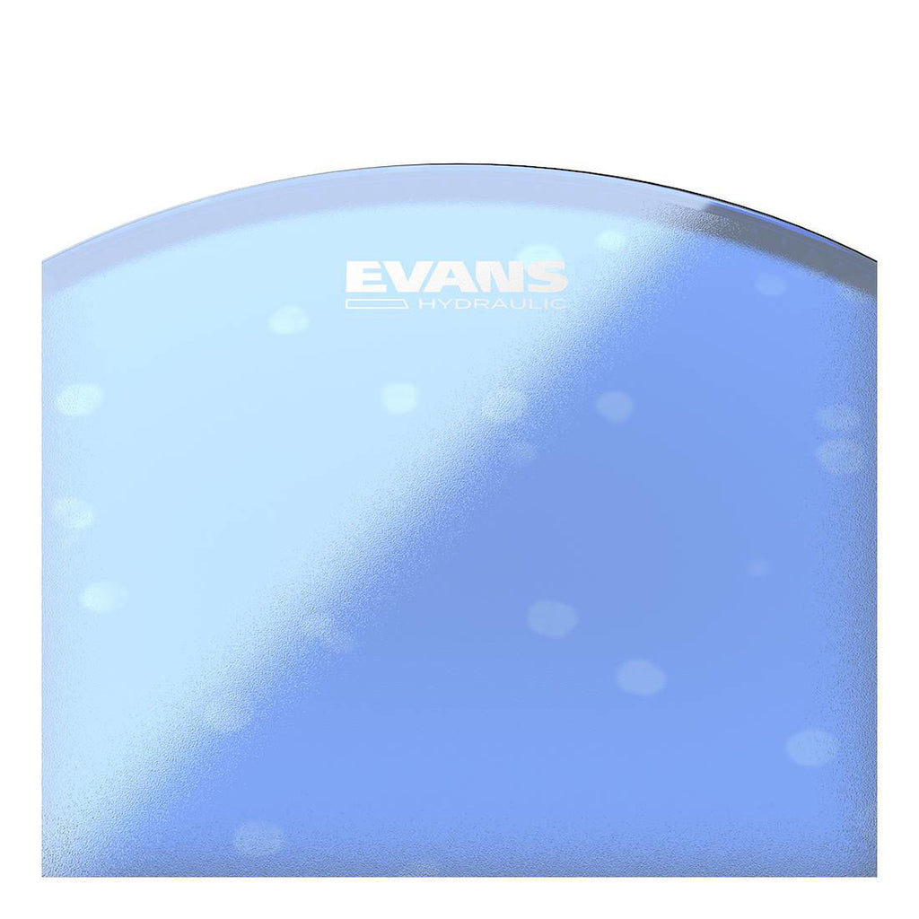 Blue Evans 14-inch hydraulic drum head mounted on a drum, showcasing the drum head's smooth surface and blue coating for optimal sound.