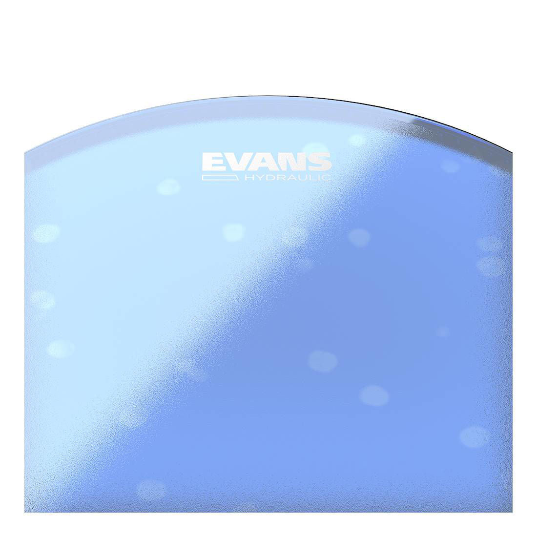 Blue Evans 14-inch hydraulic drum head mounted on a drum, showcasing the drum head's smooth surface and blue coating for optimal sound.