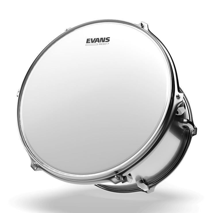 Evans 14-inch Reso 7 coated resonant drum head with a clear, textured surface for enhanced sound quality.
