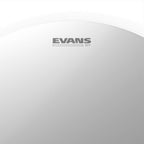 Evans 14-inch Super Tough coated drum head showing a sturdy, black drum head with Evans branding on a drum kit.
