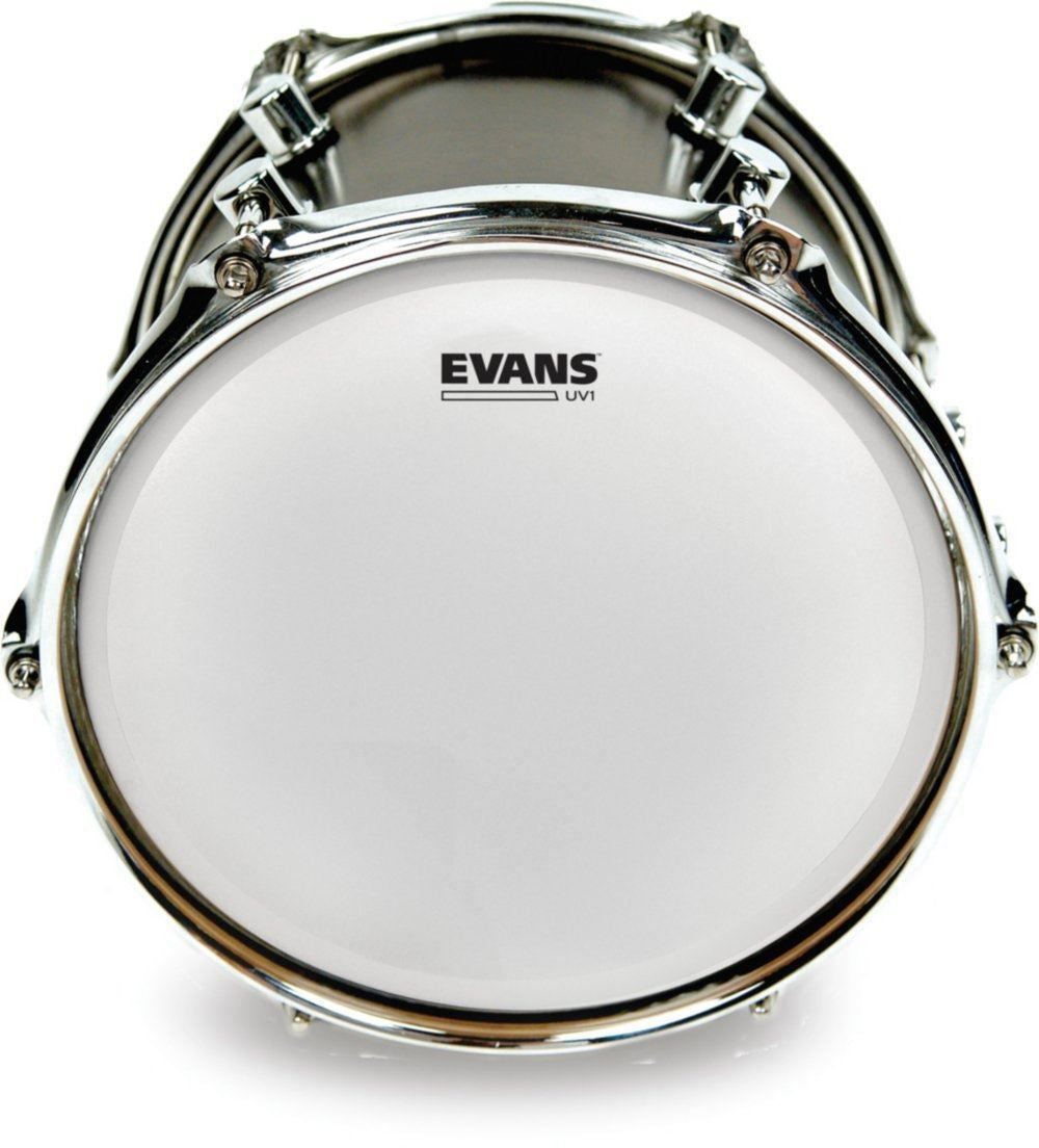 Evans UV1 coated 14-inch drum head with a smooth, black surface for versatile drumming performance and durability.